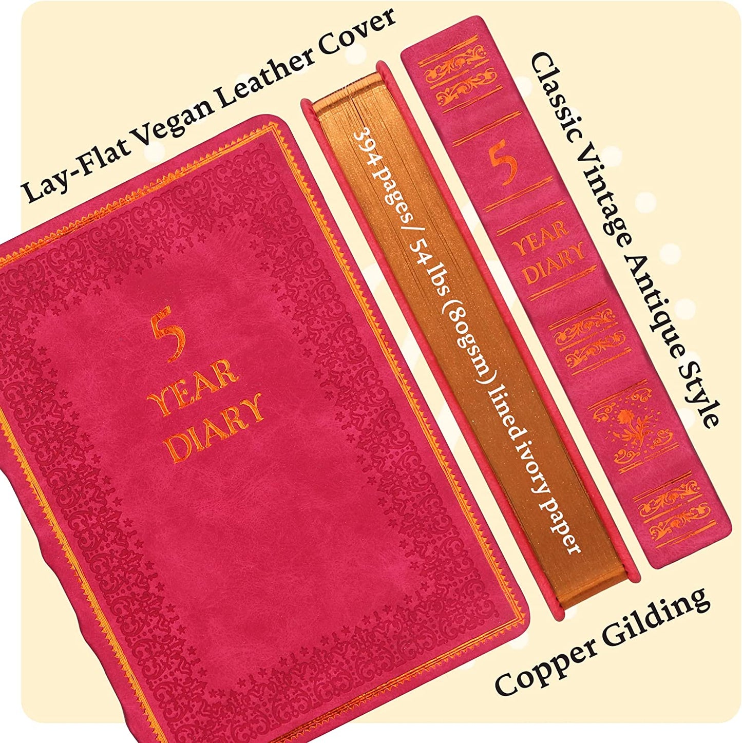 Five-Year Vintage Look Diary (Motivational, Prayer, Gratitude, Mindfulness, Self-Help and Daily Affirmations) 4.64x6.6", 394p. (Red)