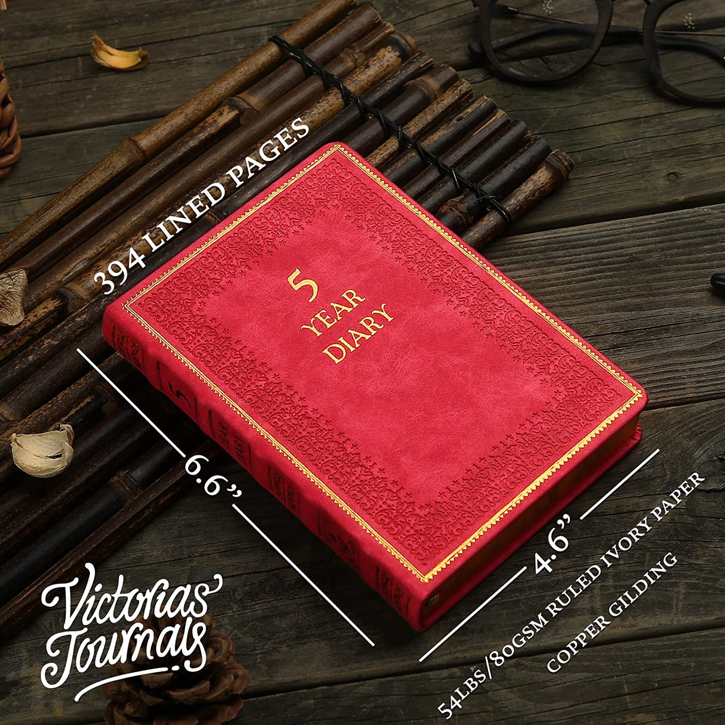 Five-Year Vintage Look Diary (Motivational, Prayer, Gratitude, Mindfulness, Self-Help and Daily Affirmations) 4.64x6.6", 394p. (Red)