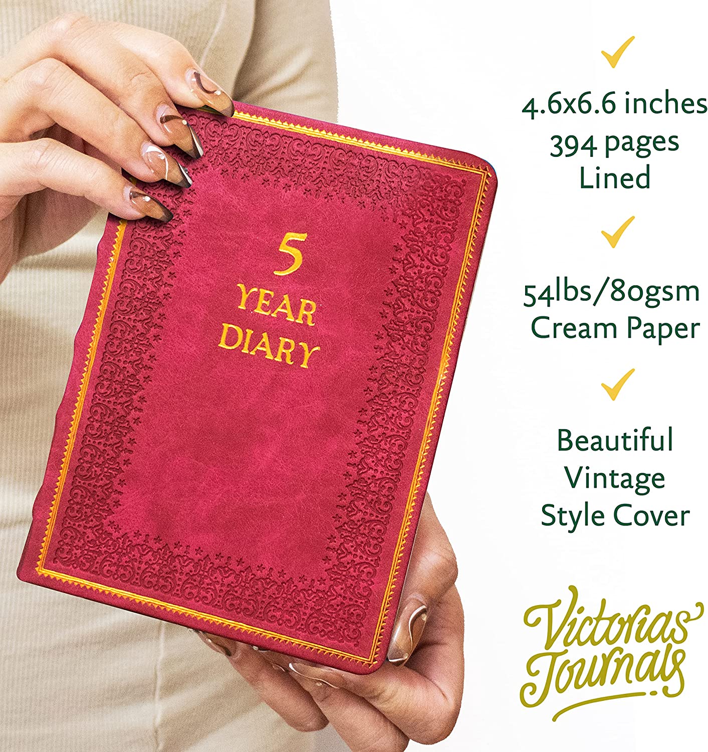 Five-Year Vintage Look Diary (Motivational, Prayer, Gratitude, Mindfulness, Self-Help and Daily Affirmations) 4.64x6.6", 394p. (Red)