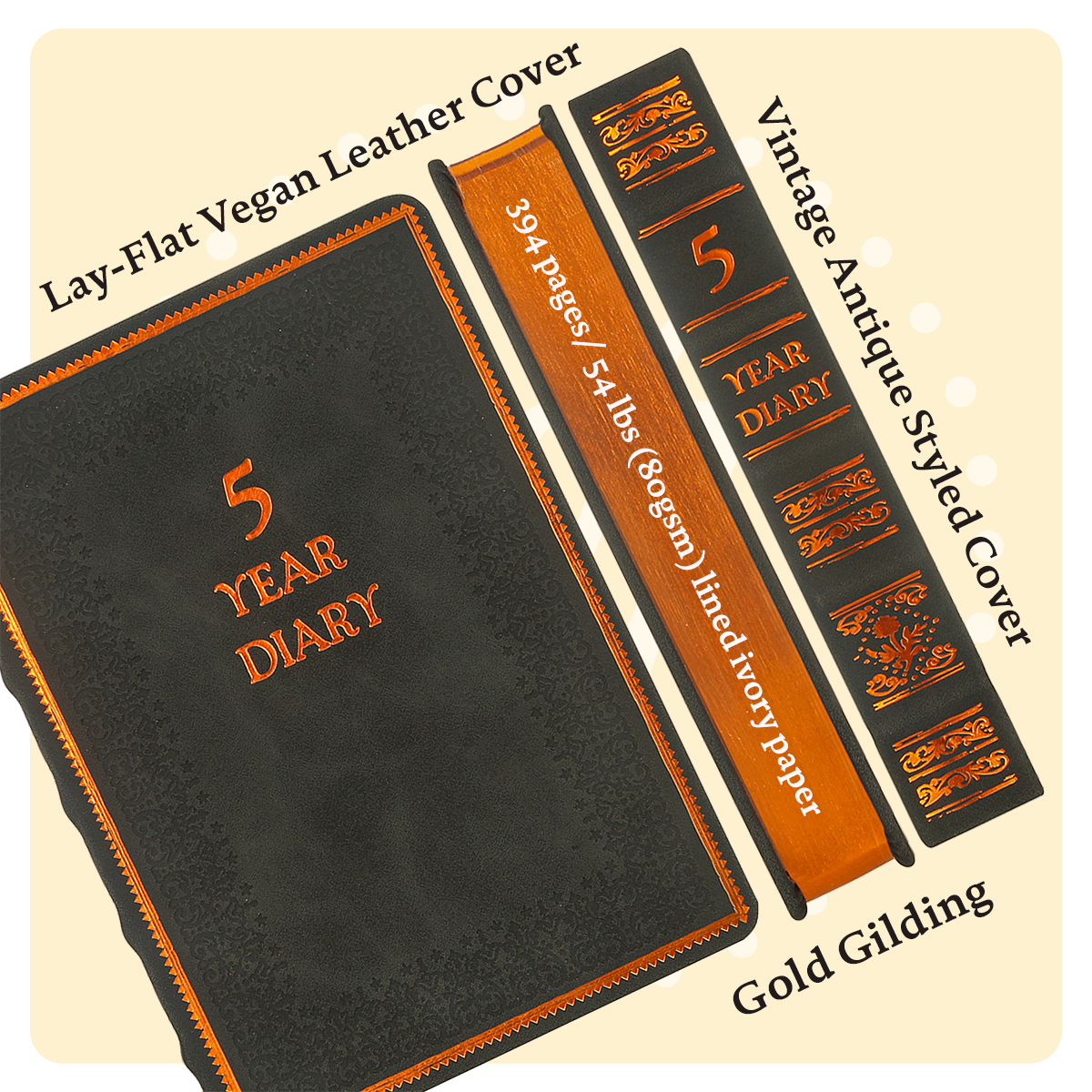 Five-Year Vintage Look Diary (Motivational, Prayer, Gratitude, Mindfulness, Self-Help and Daily Affirmations) 4.64x6.6", 394p. (Black)