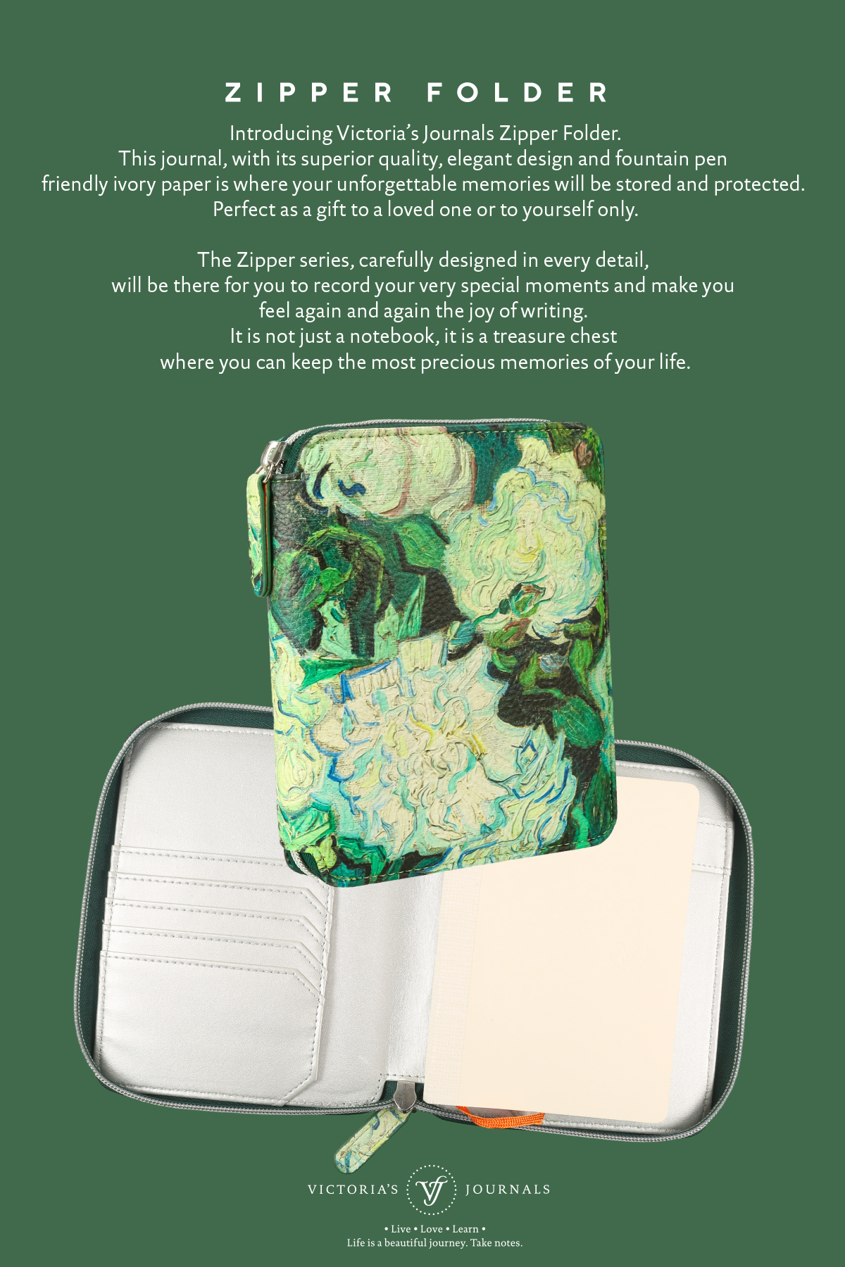 Zippered Vegan Leather Portfolio Notebook / Diary (Monet)
