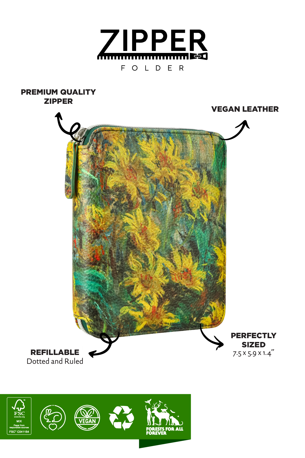 Zippered Vegan Leather Portfolio Notebook / Diary (Sunflorals)