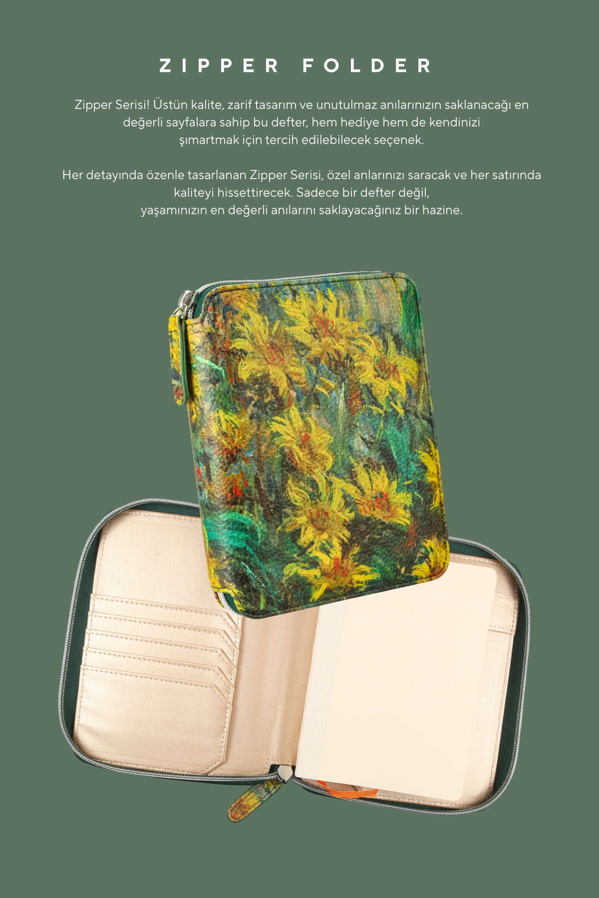 Zippered Vegan Leather Portfolio Notebook / Diary (Sunflorals)