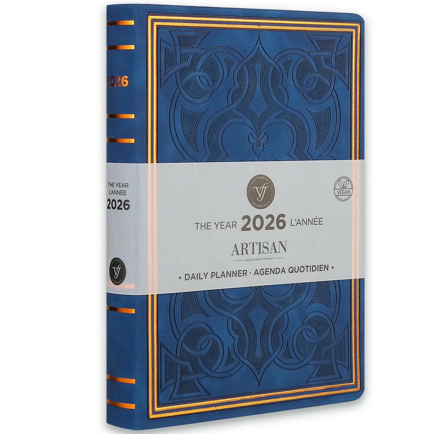 2026 Artisan Daily Planner — Blue Vegan Leather Antique Style (5.7" × 8.1", Bilingual, One-Day-Per-Page)