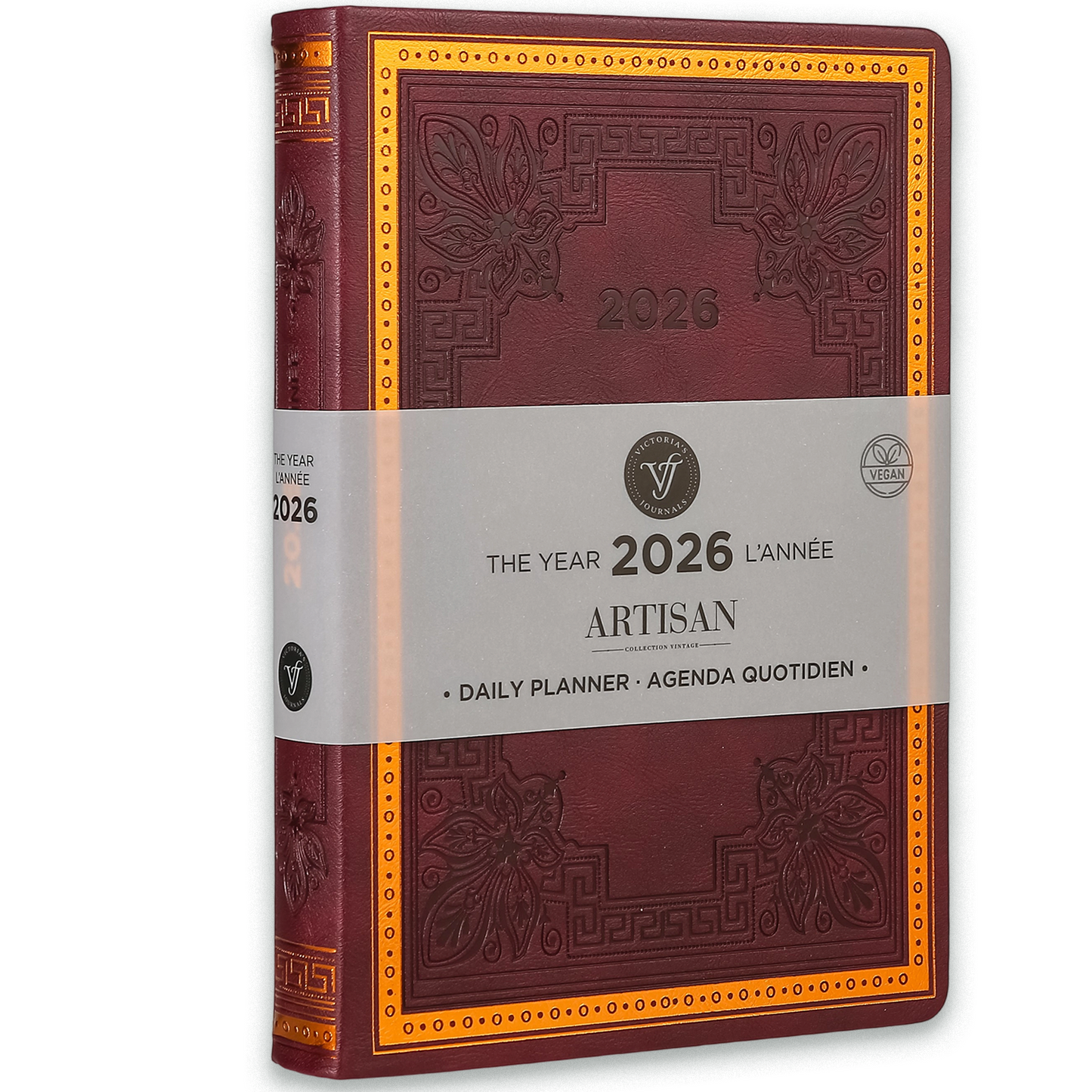 2026 Artisan Daily Planner — Burgundy Vegan Leather Vintage Style (5.7" × 8.1", Bilingual, One-Day-Per-Page)