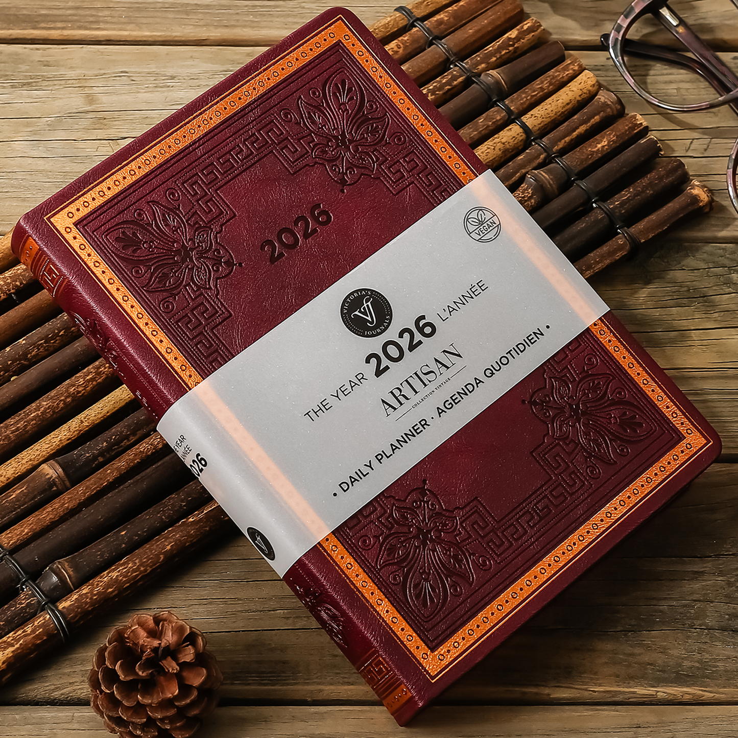 2026 Artisan Daily Planner — Burgundy Vegan Leather Vintage Style (5.7" × 8.1", Bilingual, One-Day-Per-Page)