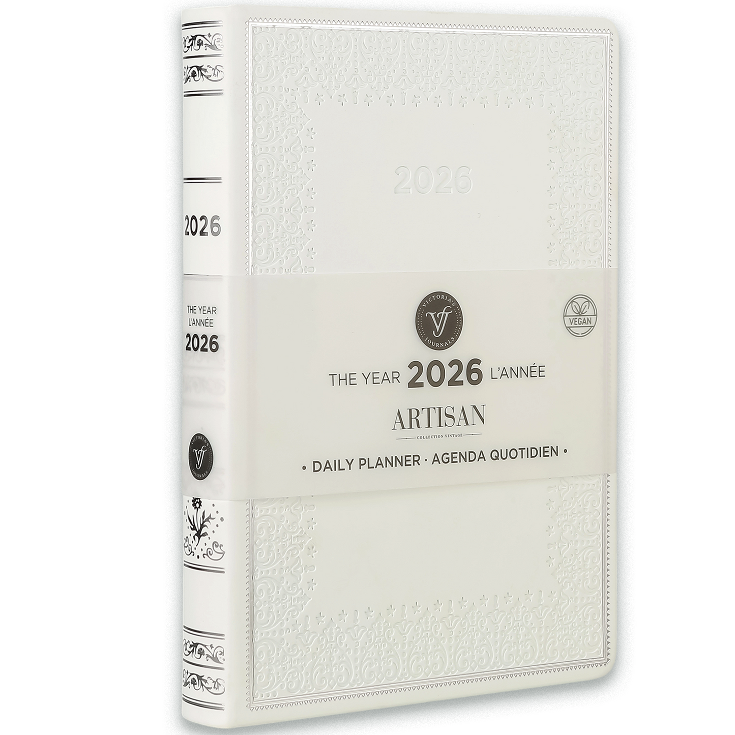 2026 Artisan Daily Planner — White Vegan Leather Vintage Style (5.7" × 8.1", Bilingual, One-Day-Per-Page)