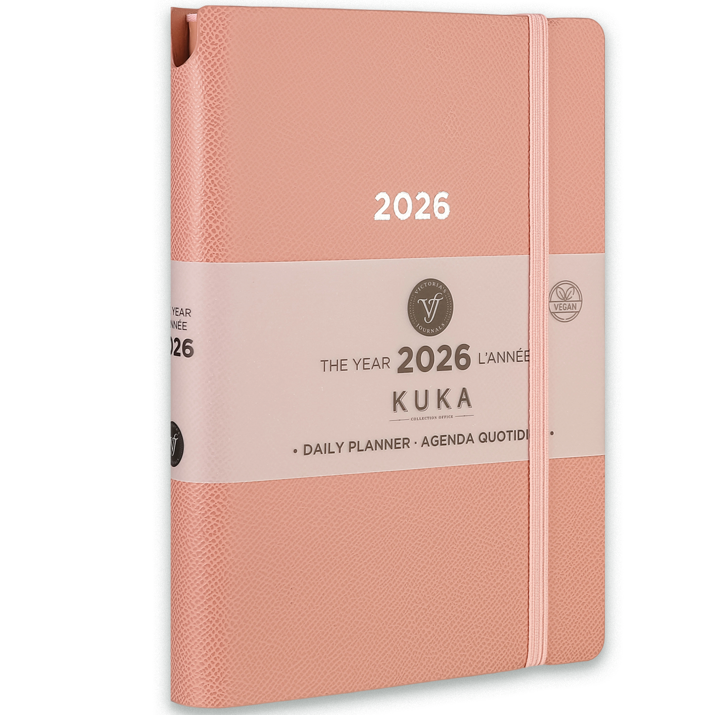 2026 Kuka Daily Planner — Pink Vegan Leather with Pen Loop & Elastic (5.5" × 8", Bilingual, One-Day-Per-Page)