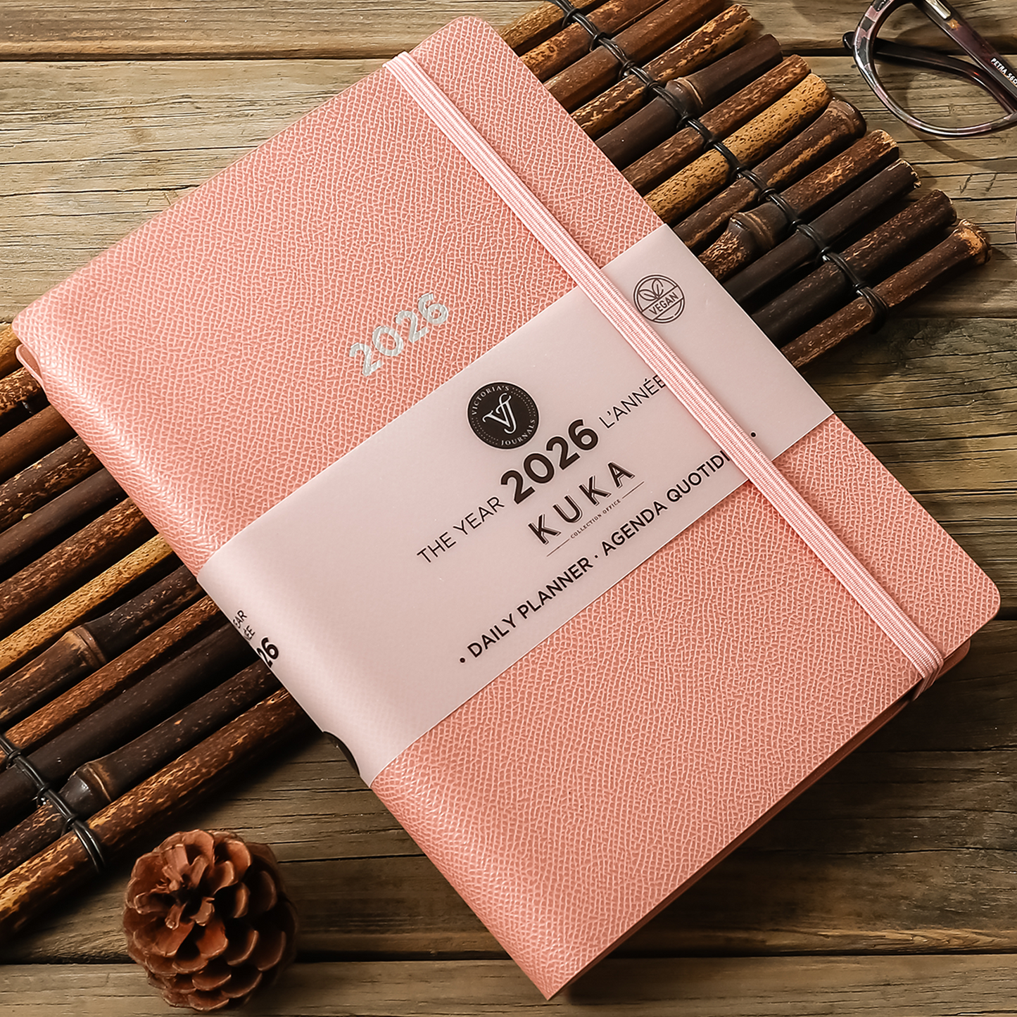 2026 Kuka Daily Planner — Pink Vegan Leather with Pen Loop & Elastic (5.5" × 8", Bilingual, One-Day-Per-Page)