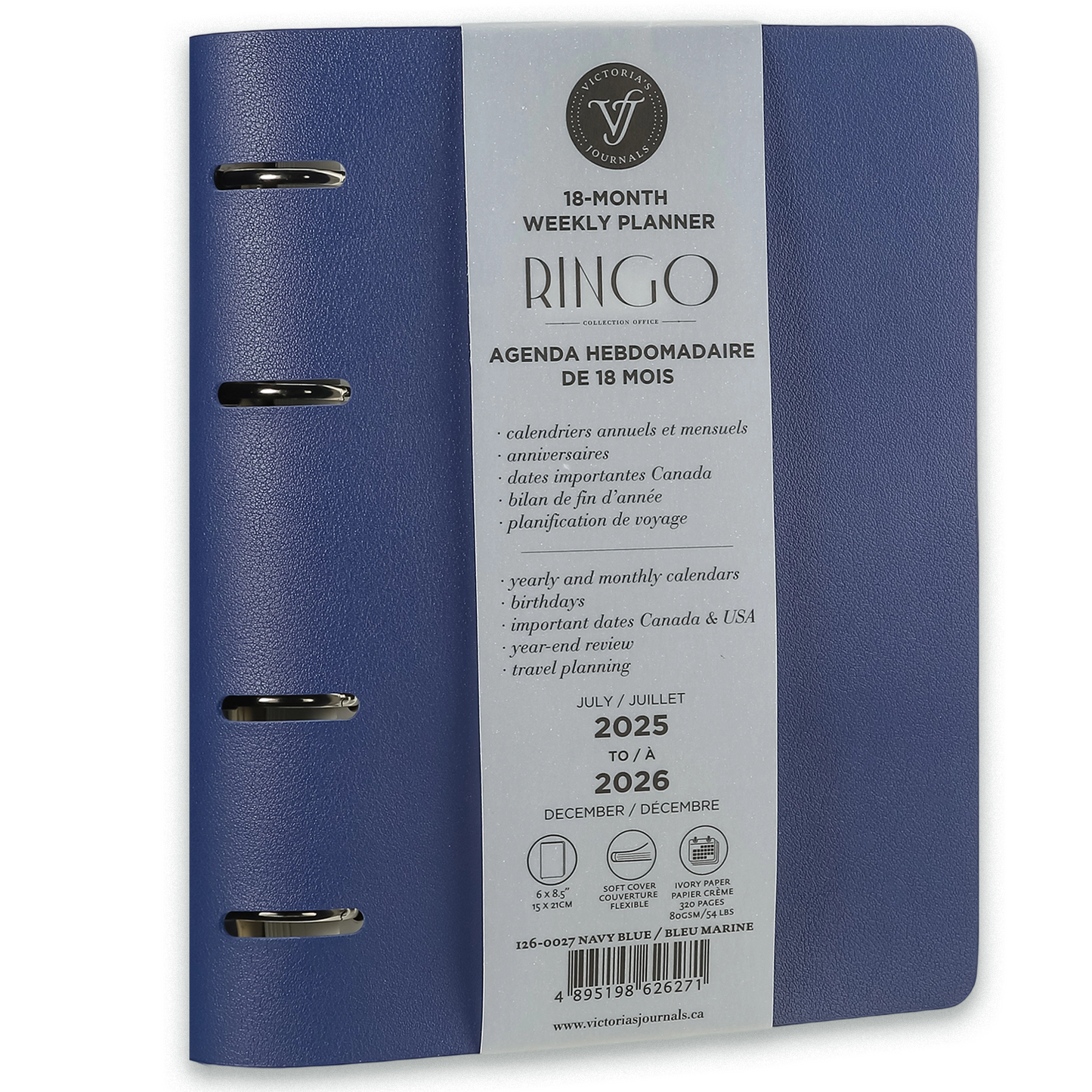 2025–2026 Ringo Academic Weekly Planner — Blue 6" × 8.5" Vegan Leather (18-Month, Bilingual)