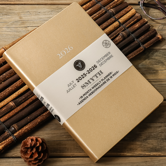 2025–2026 Smyth Academic Weekly Planner — Gold A5 Vegan Leather Luxe Agenda (18-Month, Bilingual)