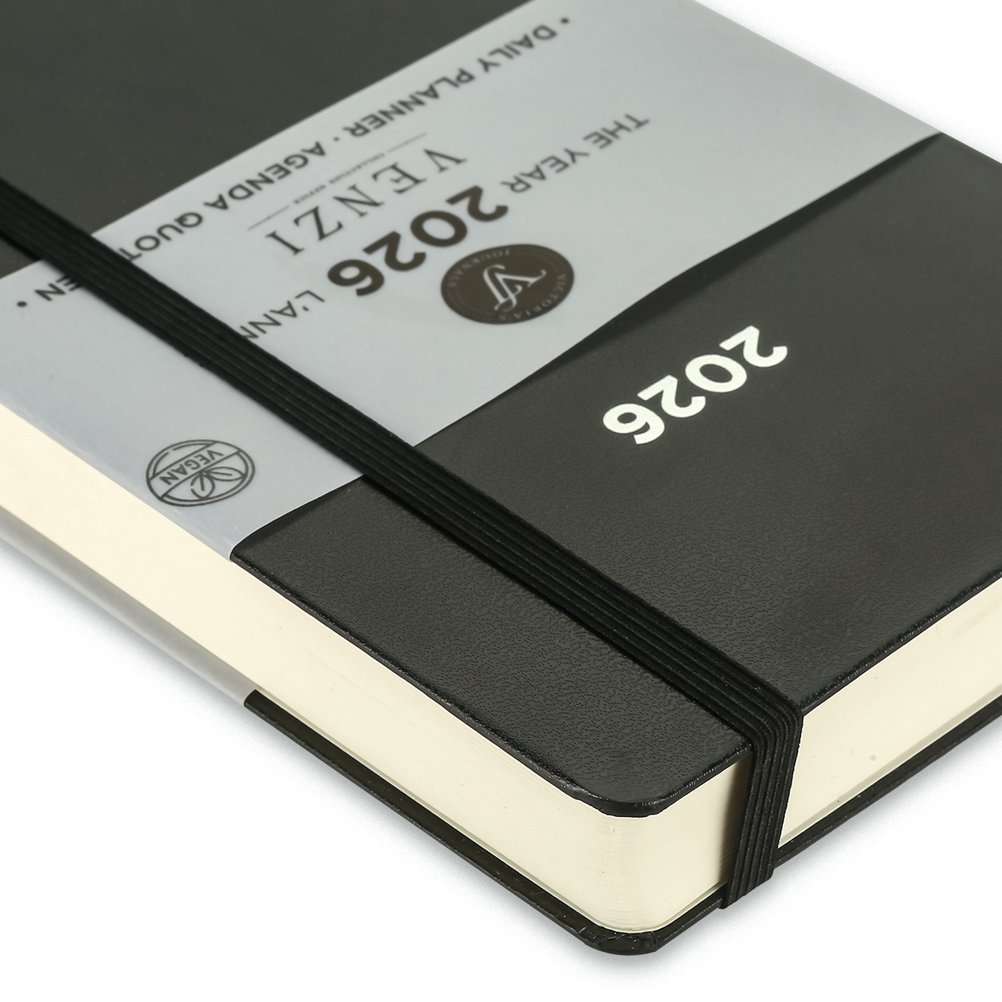 2026 Venzi Daily Planner — Black Vegan Leather with Elastic (5.1" × 8.3", Bilingual, One-Day-Per-Page)