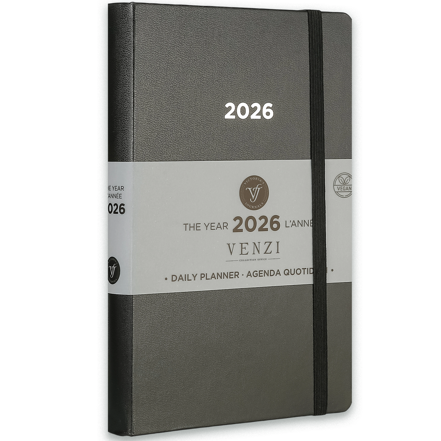 2026 Venzi Daily Planner — Black Vegan Leather with Elastic (5.1" × 8.3", Bilingual, One-Day-Per-Page)