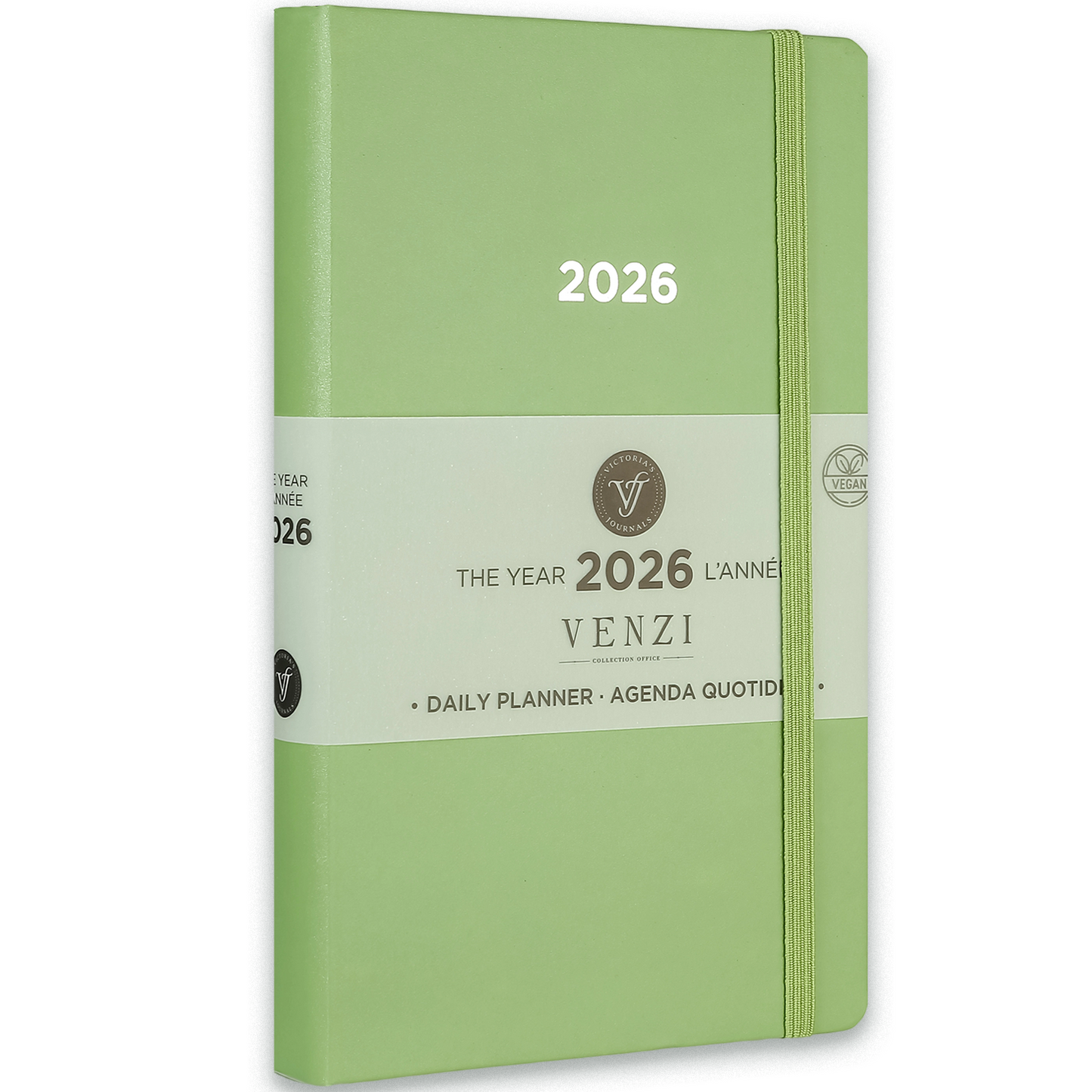 2026 Venzi Daily Planner — Green Vegan Leather with Elastic (5.1" × 8.3", Bilingual, One-Day-Per-Page)
