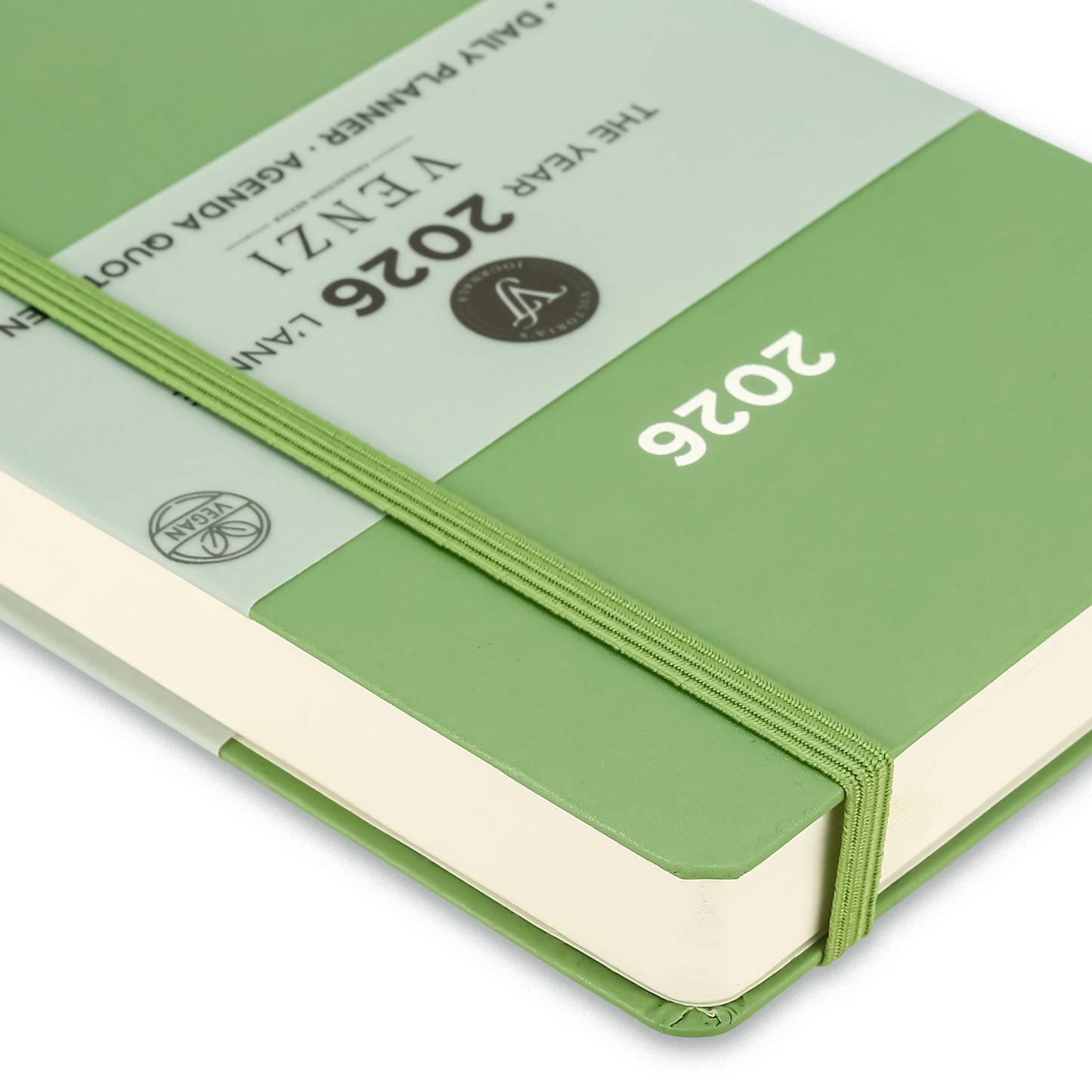 2026 Venzi Daily Planner — Green Vegan Leather with Elastic (5.1" × 8.3", Bilingual, One-Day-Per-Page)