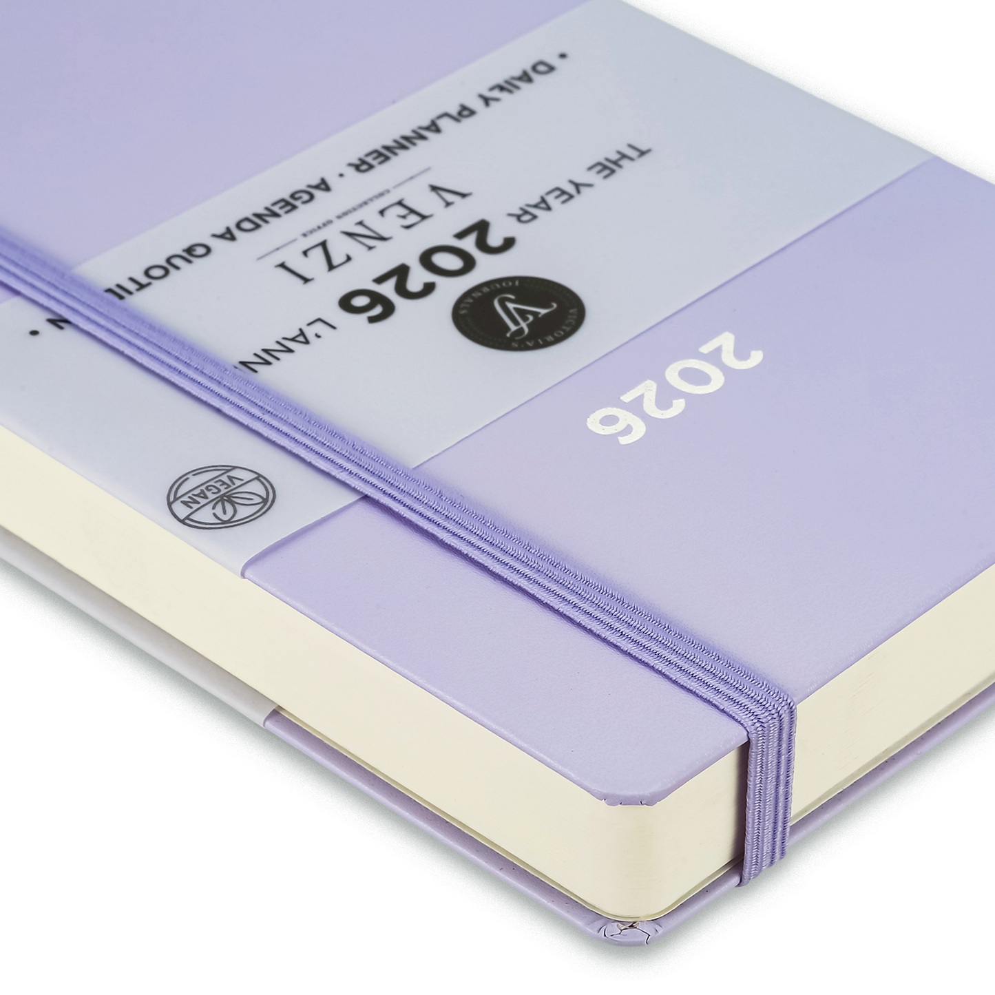 2026 Venzi Daily Planner — Lilac Vegan Leather with Elastic (5.1" × 8.3", Bilingual, One-Day-Per-Page)