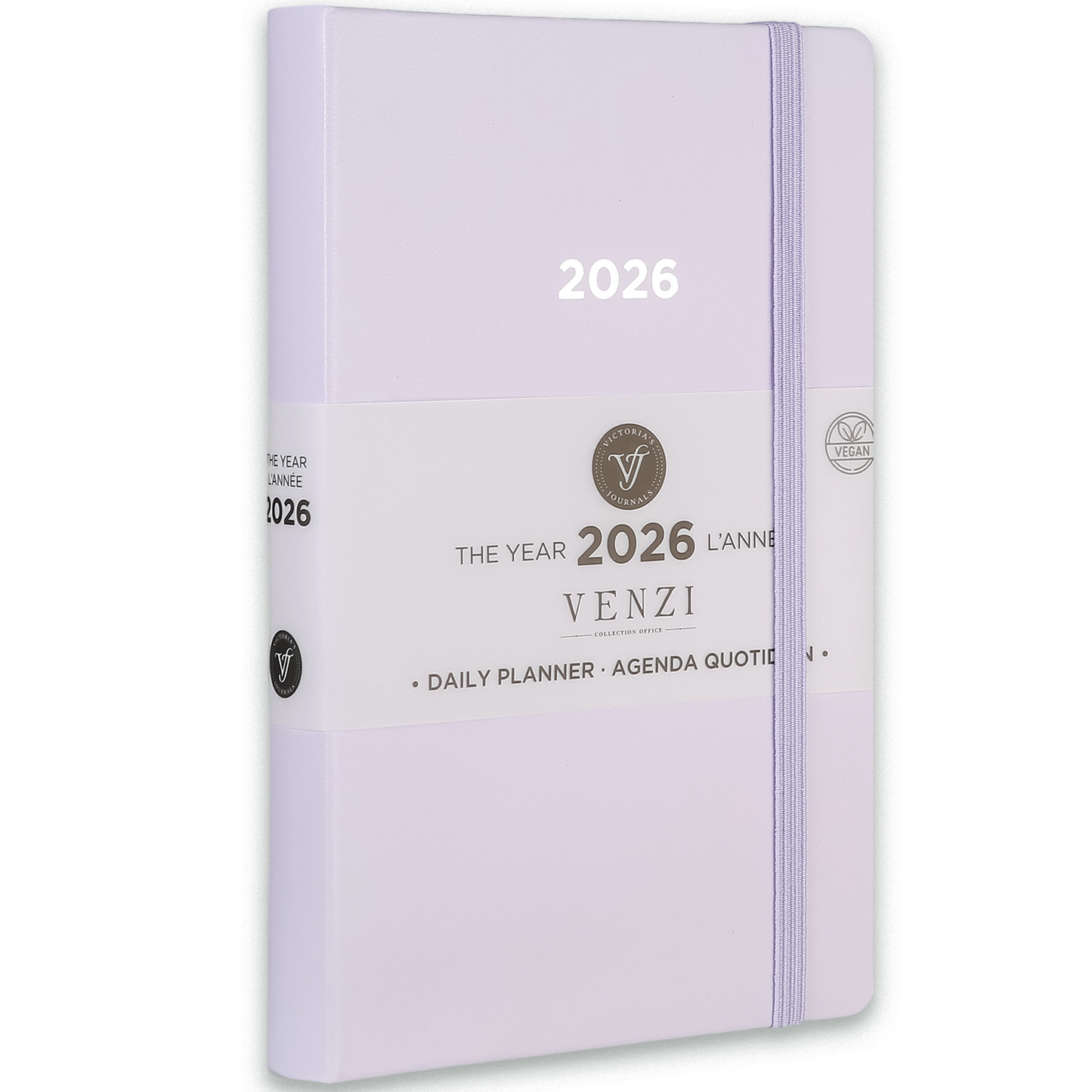 2026 Venzi Daily Planner — Lilac Vegan Leather with Elastic (5.1" × 8.3", Bilingual, One-Day-Per-Page)