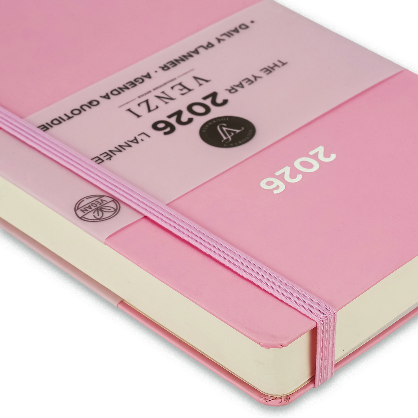 2026 Venzi Daily Planner — Pink Vegan Leather with Elastic (5.1" × 8.3", Bilingual, One-Day-Per-Page)