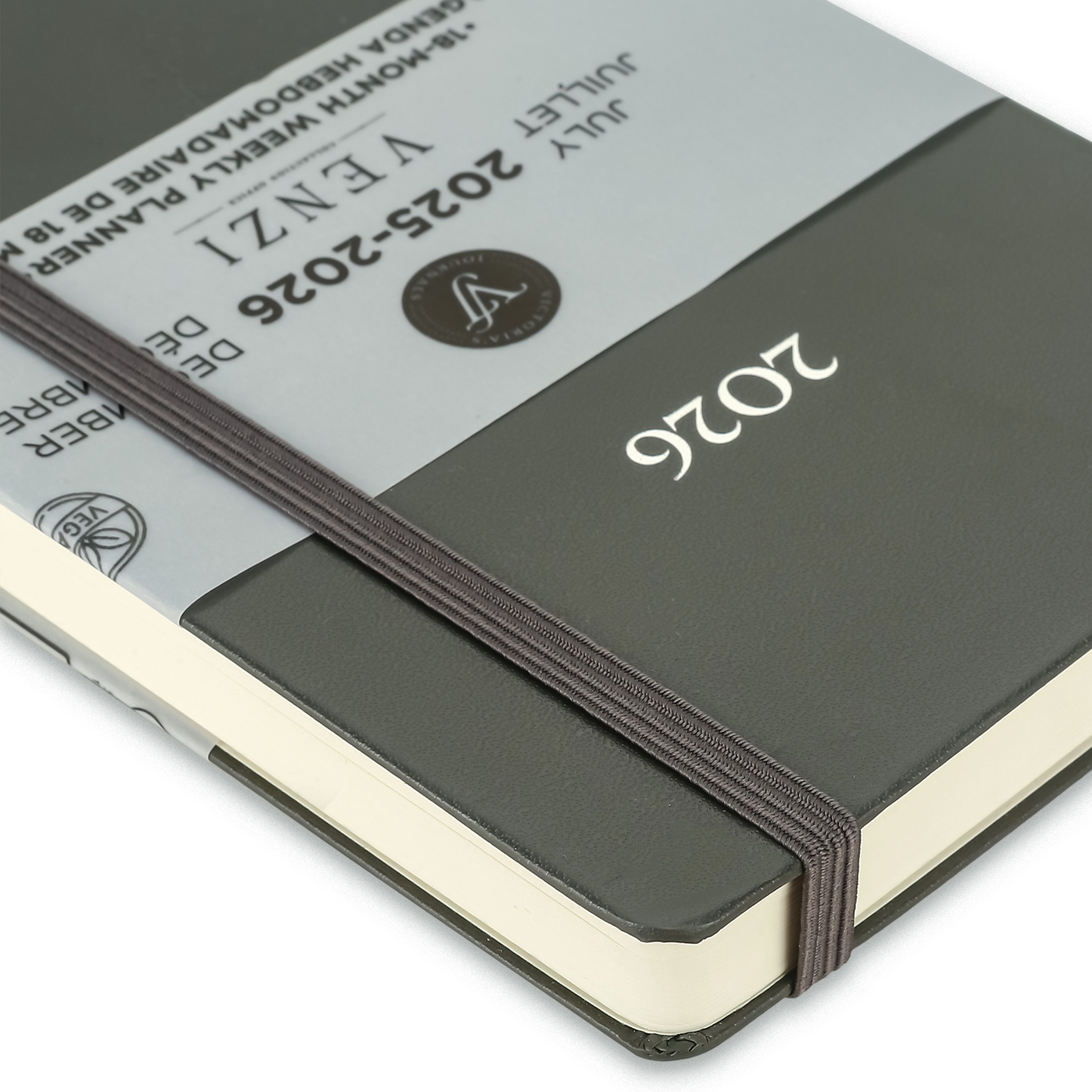 2025–2026 Weekly Planner Venzi  - Grey / Gray Vegan Leather (A5, 18-Month, Bilingual)