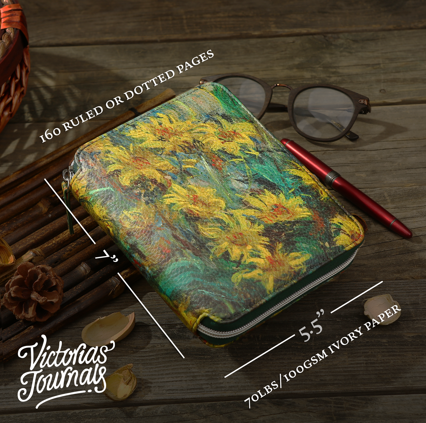 Zippered Vegan Leather Portfolio Notebook / Diary (Sunflorals)