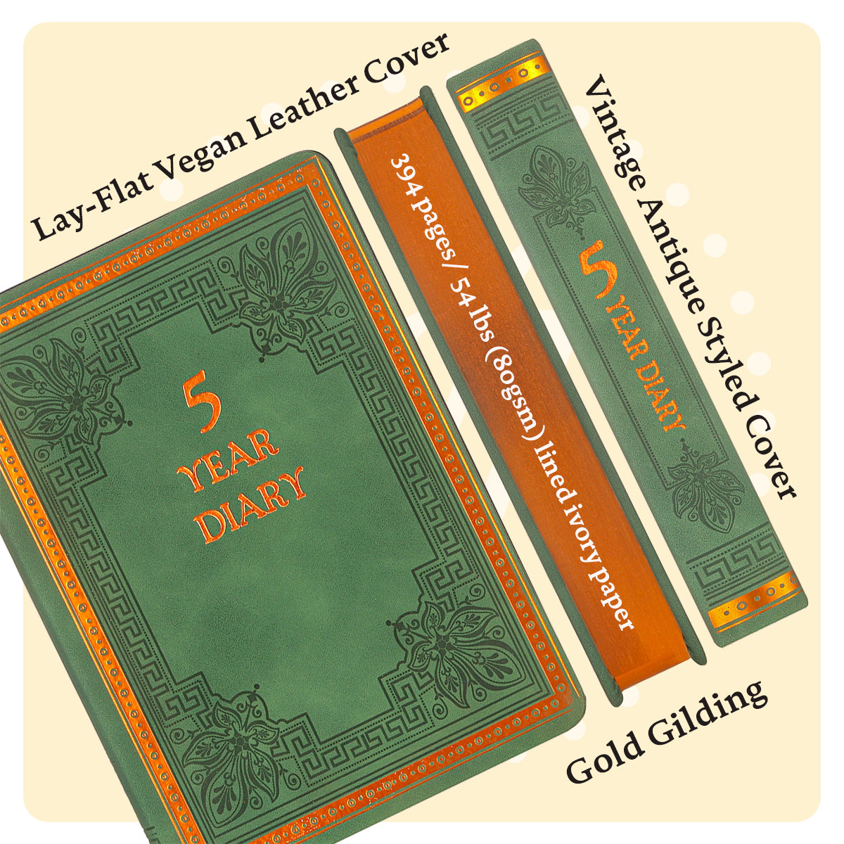 Five-Year Vintage Look Diary (Motivational, Prayer, Gratitude, Mindfulness, Self-Help and Daily Affirmations) 4.64x6.6", 394p. (Green)