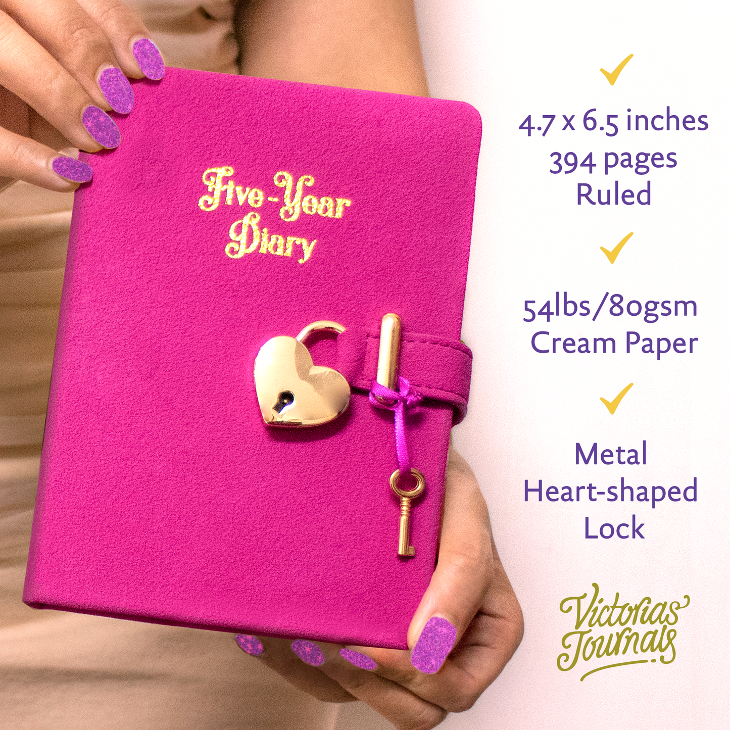 5 Year Diary for Women and Girls: Five-Year Happiness, Memory and Daily Journal with Heart Lock - 4.7x6.5", 394pages (Fuchsia)