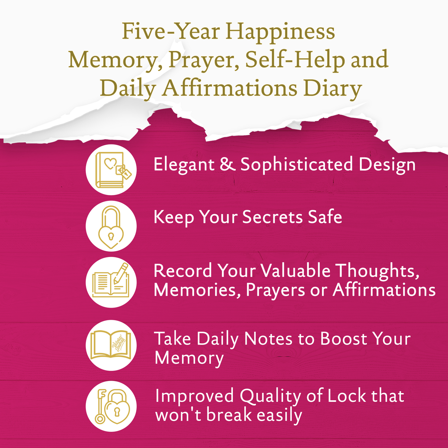 5 Year Diary for Women and Girls: Five-Year Happiness, Memory and Daily Journal with Heart Lock - 4.7x6.5", 394pages (Fuchsia)