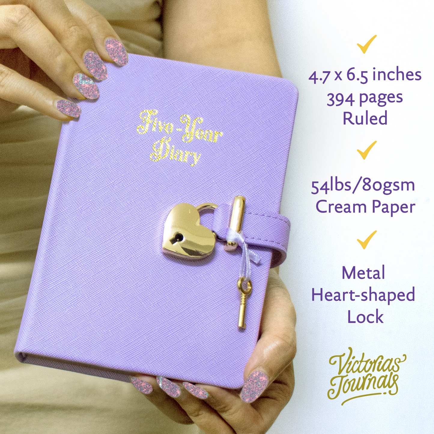 5 Year Diary for Women and Girls: Five-Year Happiness, Memory and Daily Journal with Heart Lock - 4.7x6.5", 394pages (Lilac)