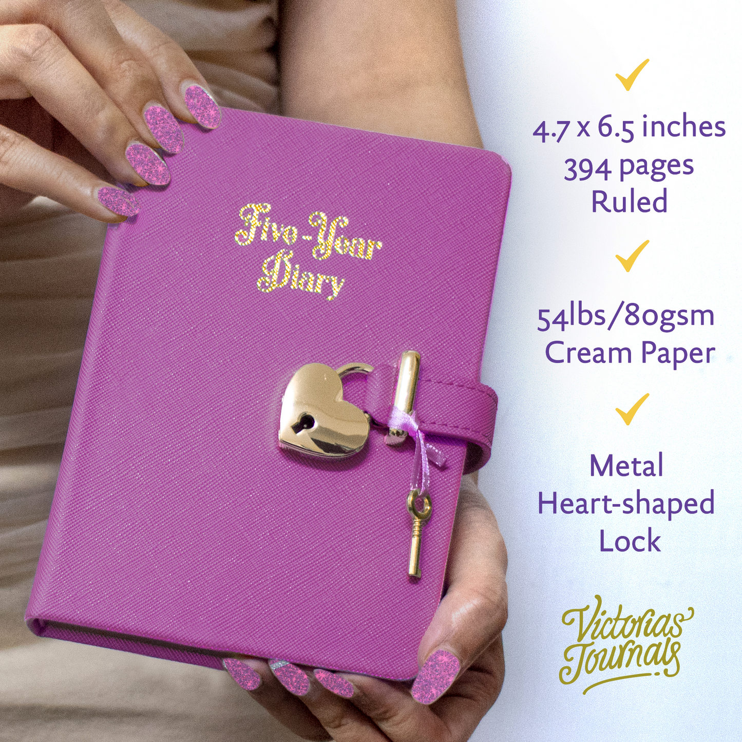 5 Year Diary for Women and Girls: Five-Year Happiness, Memory and Daily Journal with Heart Lock - 4.7x6.5", 394pages (Purple)