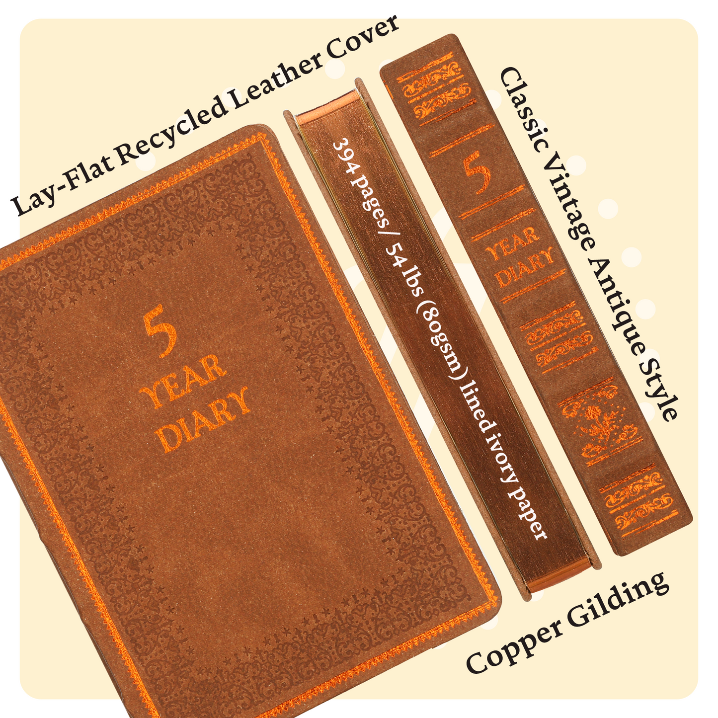 A Line a Day - 5 Year Recycled Leather Diary, Vintage Looking for Girls, Women and Men, 4.64x6.6" 394p. (Brown)