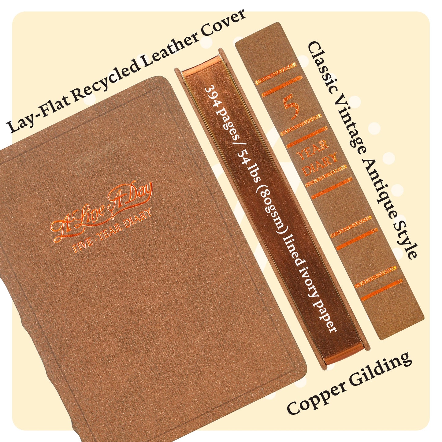 A Line a Day - 5 Year Recycled Leather Diary, Vintage Looking for Girls, Women and Men, 4.64x6.6" 394p. (Brown)