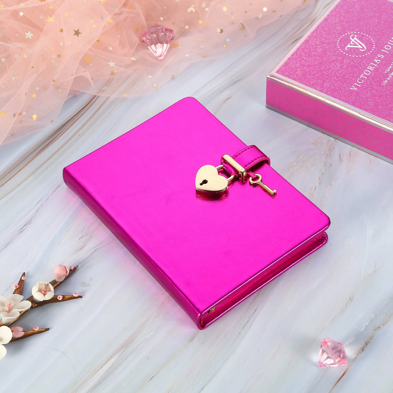 Heart Lock Journal for Women and Girls with 2 Keys (Metallic Magenta)