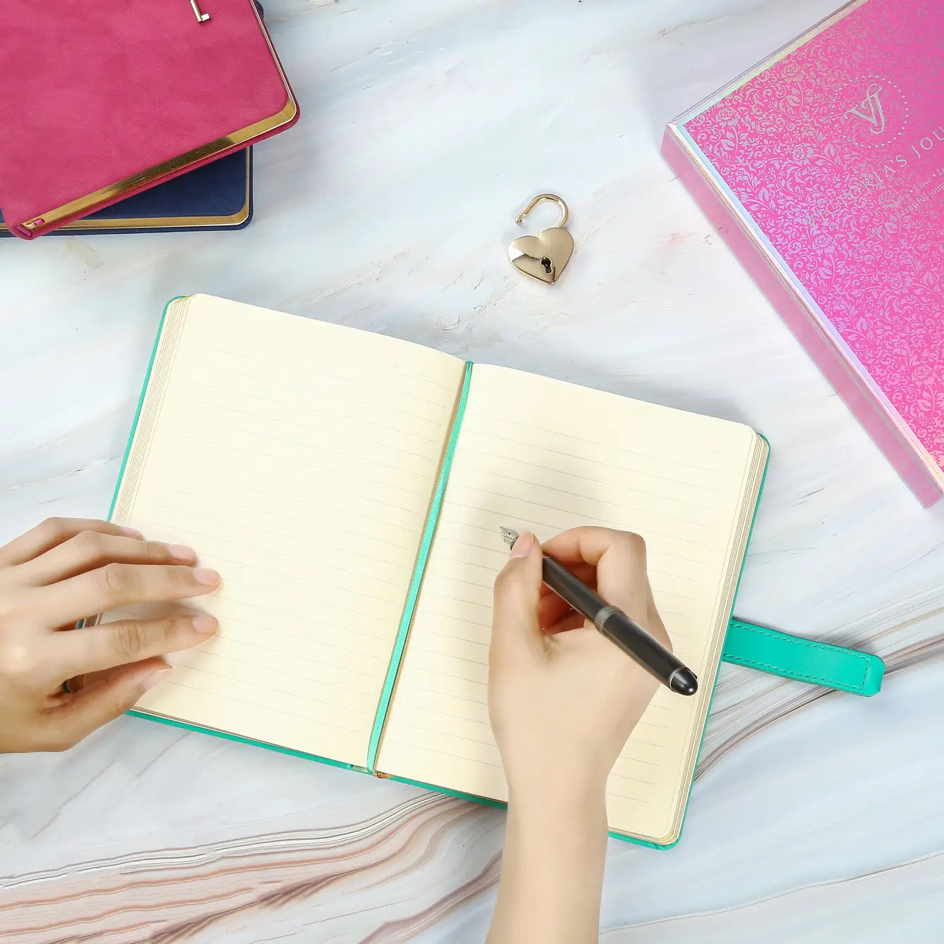 Heart Shaped Lock Journal with Key for Girls, Vegan Leather Cover, 5.3x7.3 inches, 320 pages, Iridescent Gold. Cute Locking Secret Notebook, College-ruled – Victoria's Journals