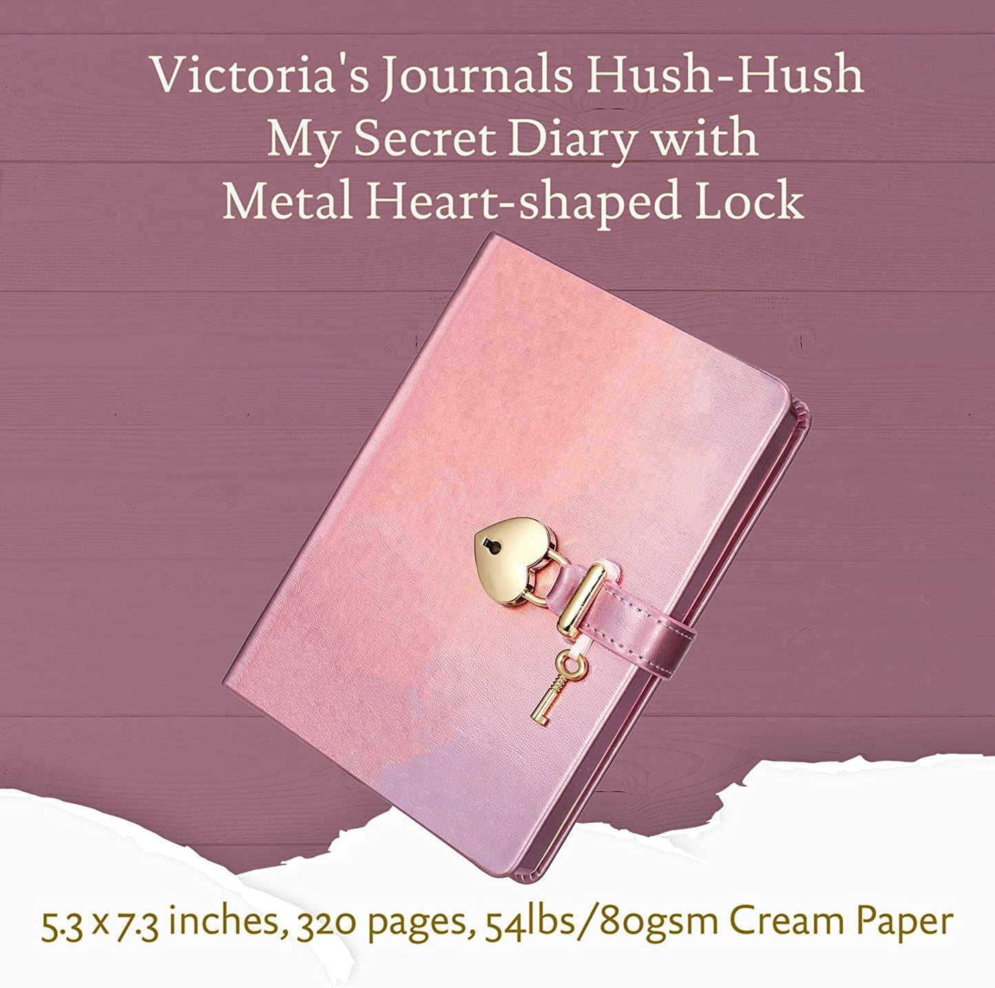 Heart Shaped Lock Journal, Lock Diary for Girls with Key, Vegan Leather Cover, Cute Locking Secret Notebook for Teens, 5.3x7.3",320p Victoria's Journals Secret Diary, College-ruled (Rosegold)