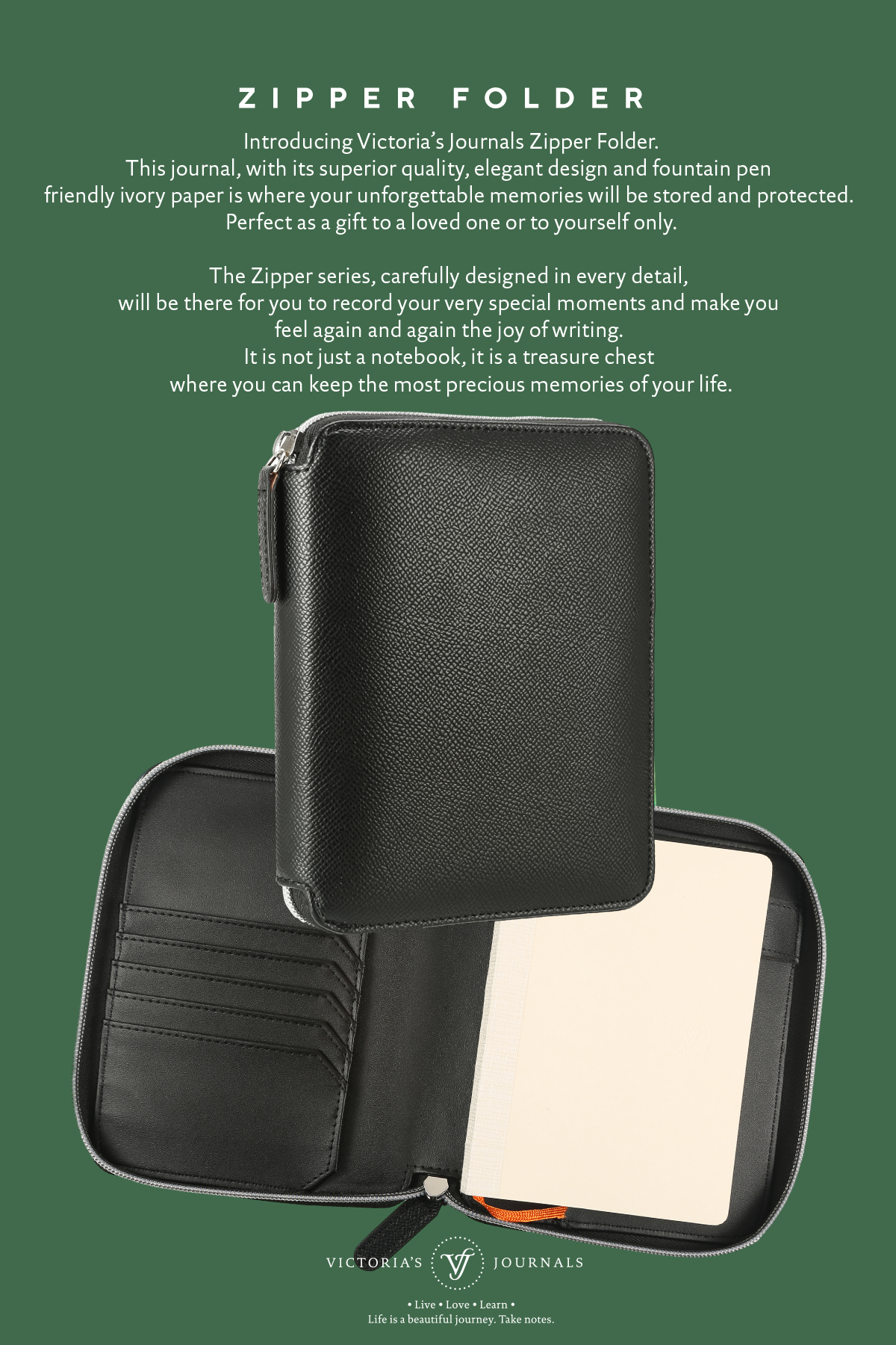 Zippered Vegan Leather Portfolio Notebook / Diary (Black)