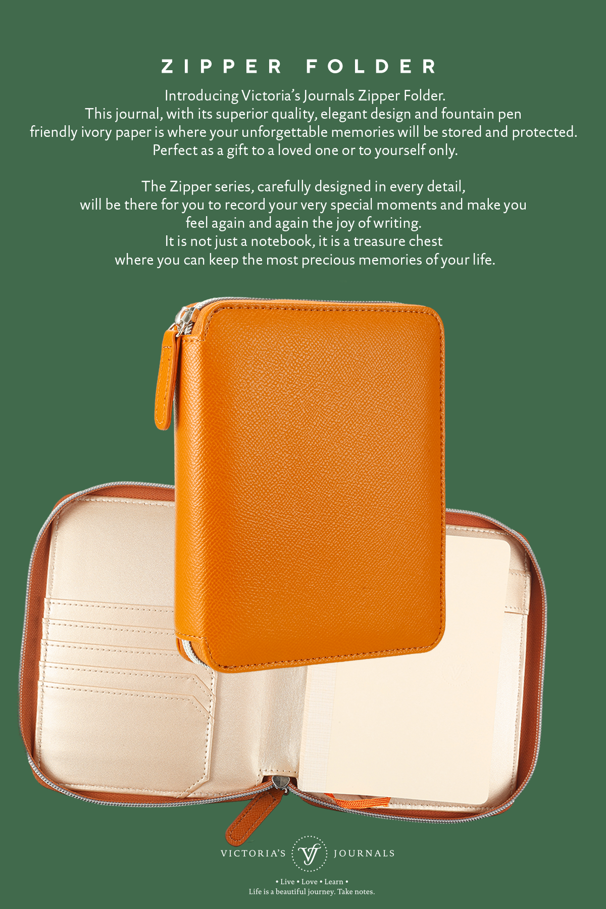 Zippered Vegan Leather Portfolio Notebook / Diary (Tan)