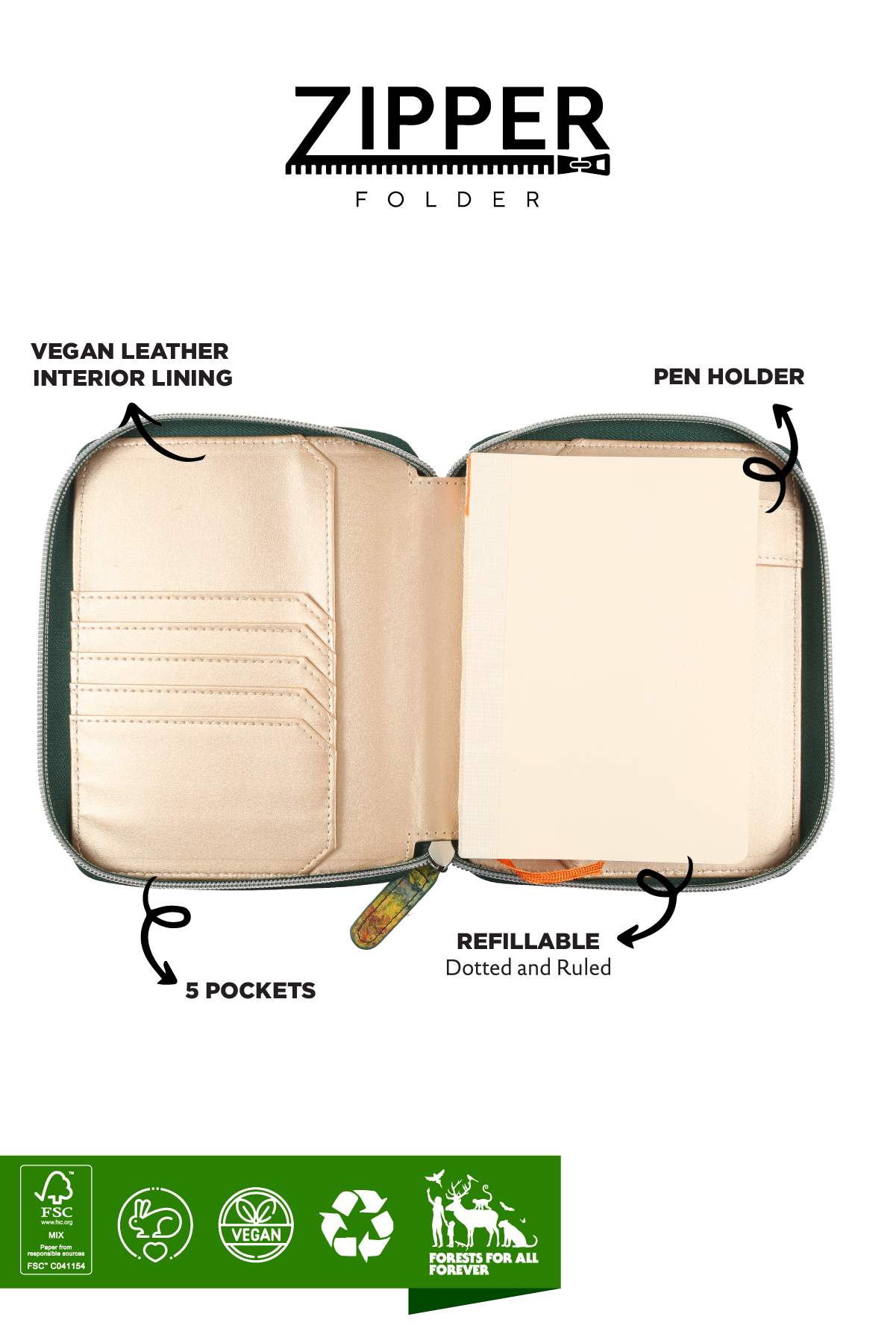 Zippered Vegan Leather Portfolio Notebook / Diary (Sunflorals)
