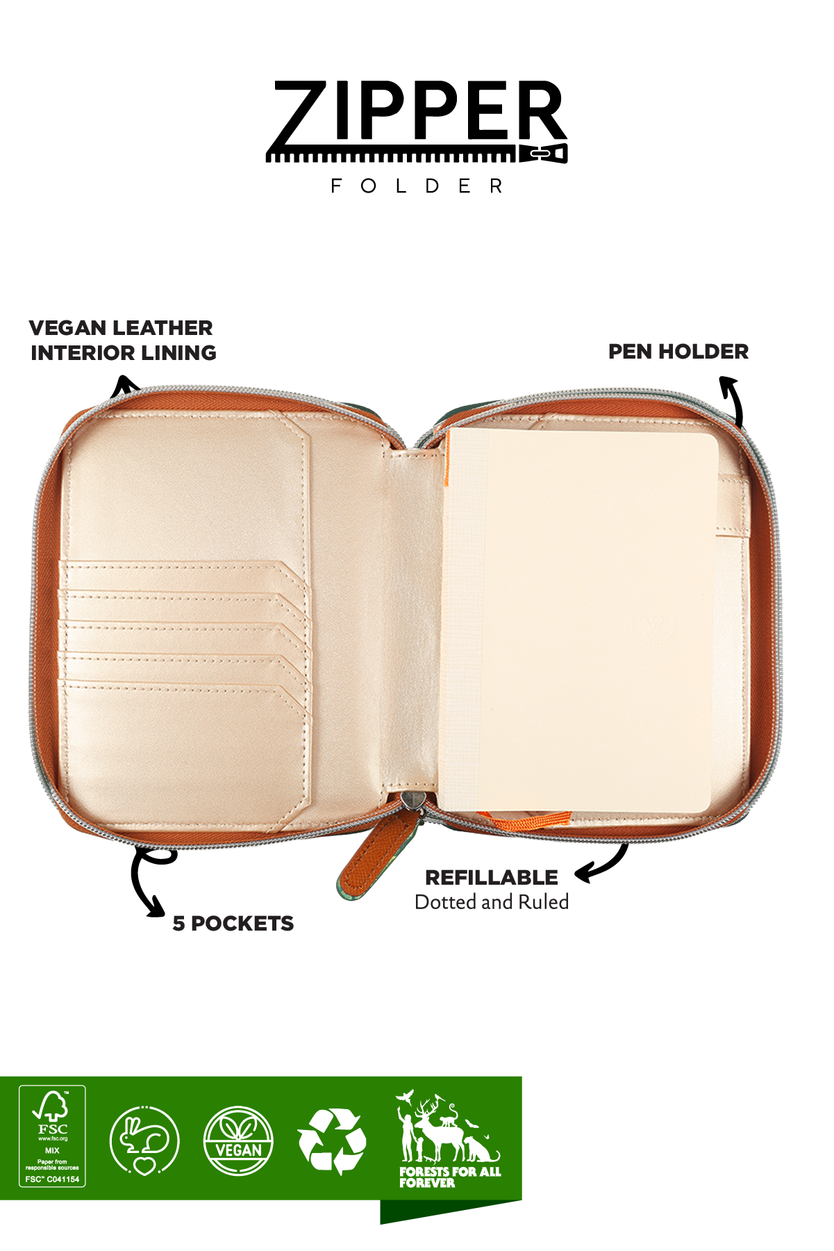 Zippered Vegan Leather Portfolio Notebook / Diary (Tan)