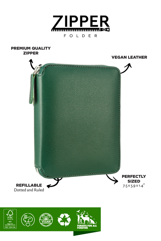 Zippered Vegan Leather Portfolio Notebook / Diary (Moss)