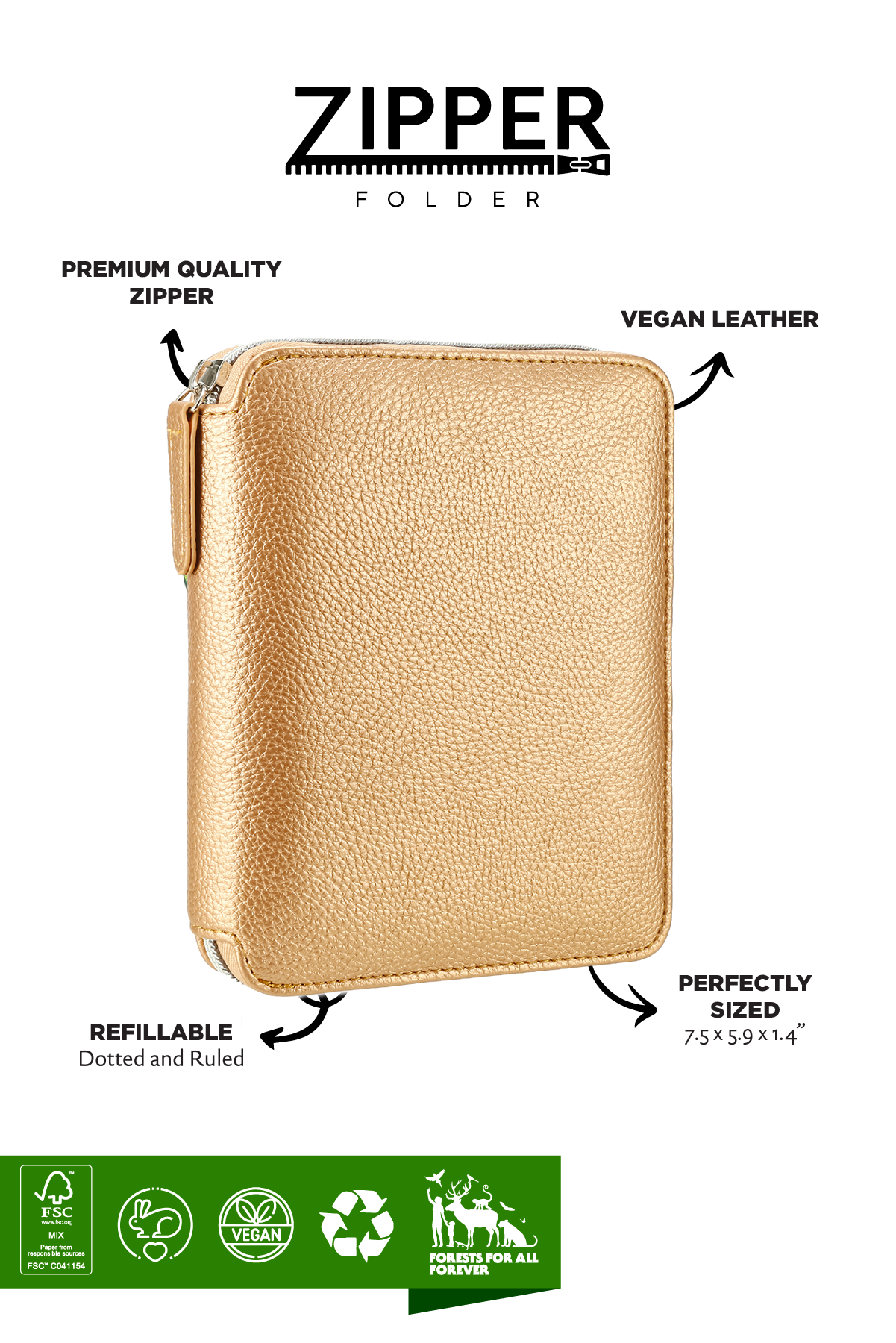 Zippered Vegan Leather Portfolio Notebook / Diary (Light Copper)