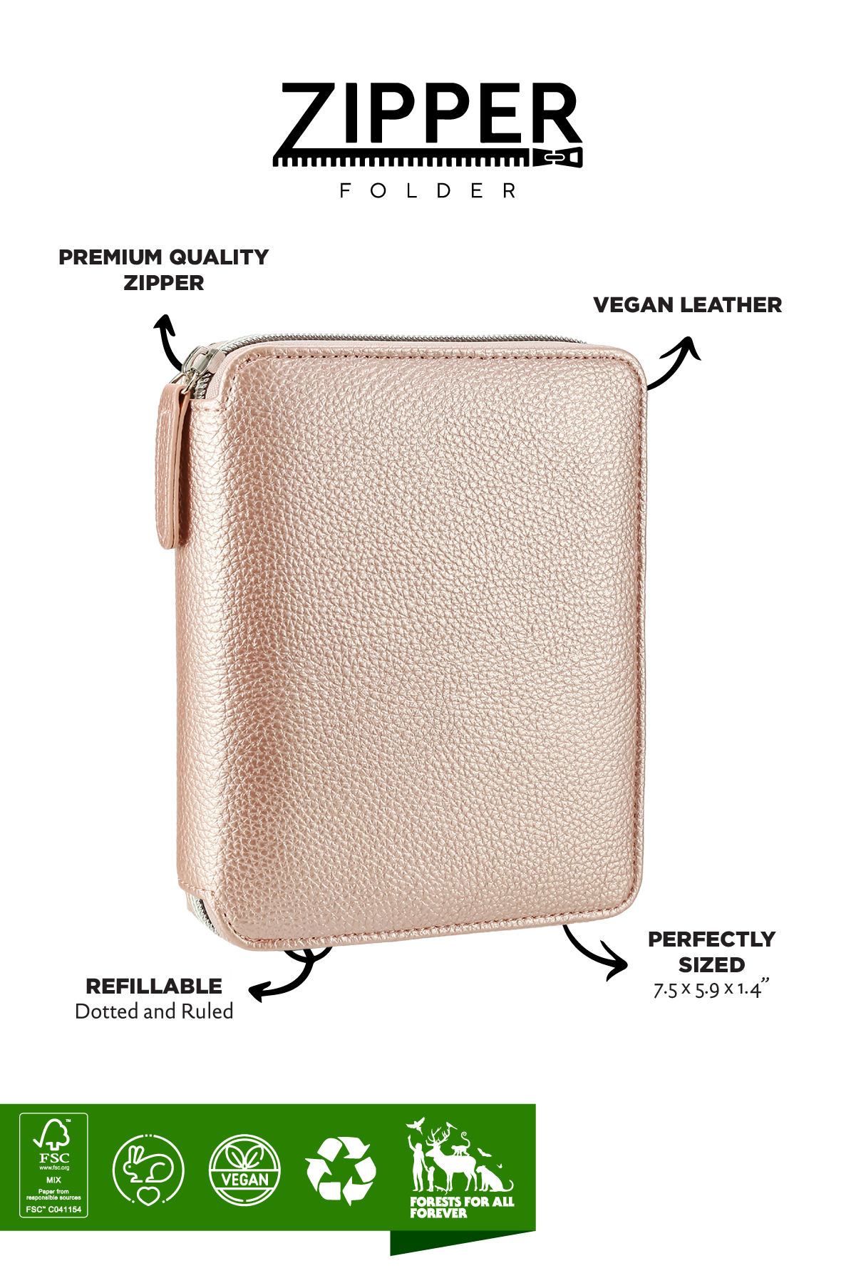 Zippered Vegan Leather Portfolio Notebook / Diary (Rose Gold)