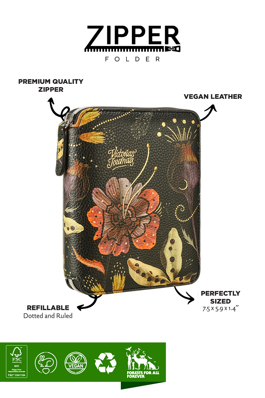 Zippered Vegan Leather Portfolio Notebook / Diary (Fall)