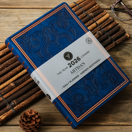 2026 Artisan Daily Planner — Blue Vegan Leather Antique Style (5.7" × 8.1", Bilingual, One-Day-Per-Page)