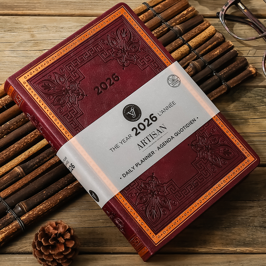 2026 Artisan Daily Planner — Burgundy Vegan Leather Vintage Style (5.7" × 8.1", Bilingual, One-Day-Per-Page)