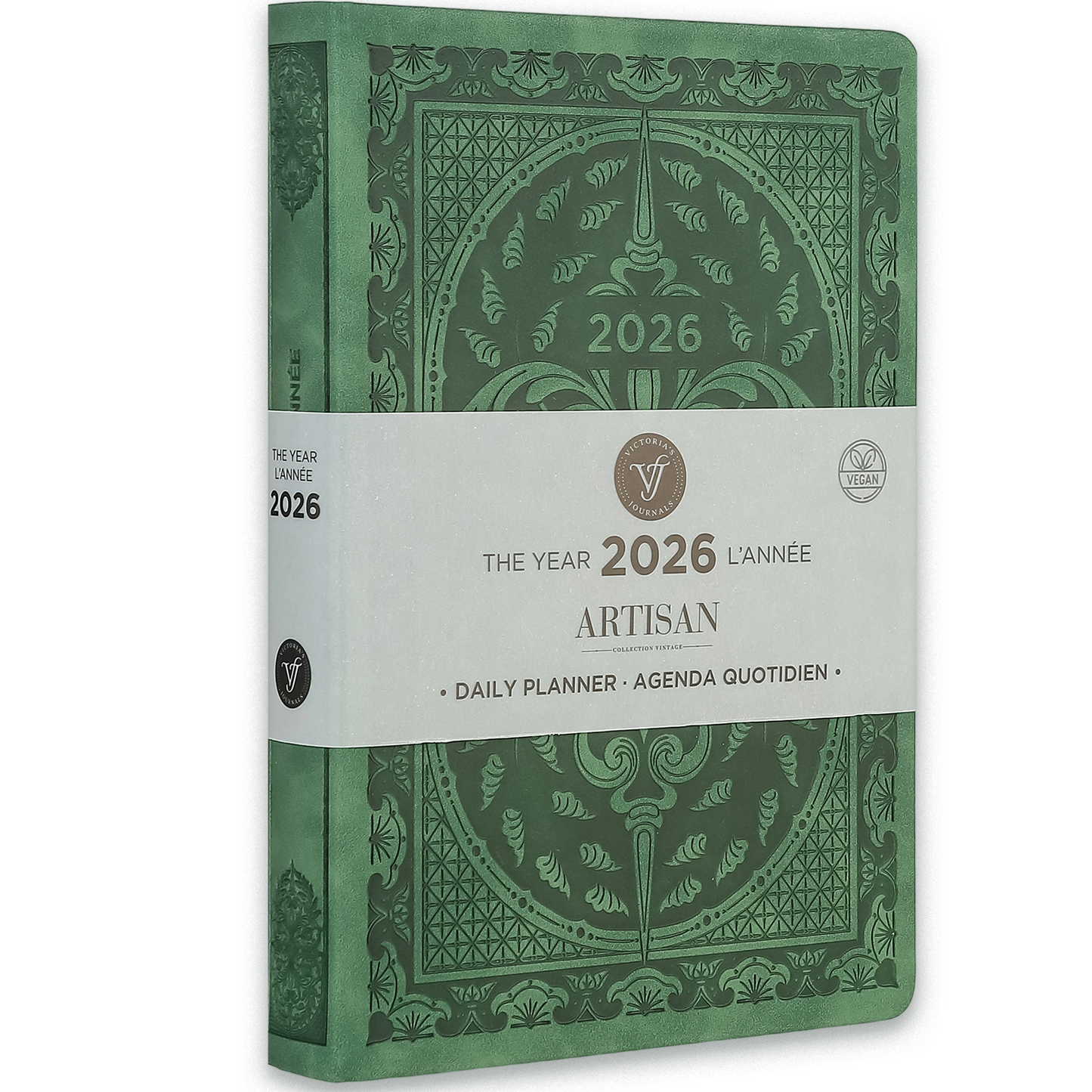 2026 Artisan Daily Planner — Green Vegan Leather Vintage Style (5.7" × 8.1", Bilingual, One-Day-Per-Page)