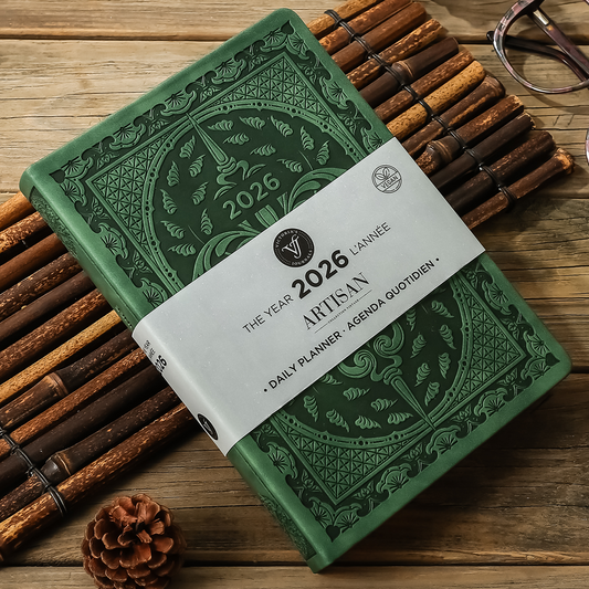 2026 Artisan Daily Planner — Green Vegan Leather Vintage Style (5.7" × 8.1", Bilingual, One-Day-Per-Page)