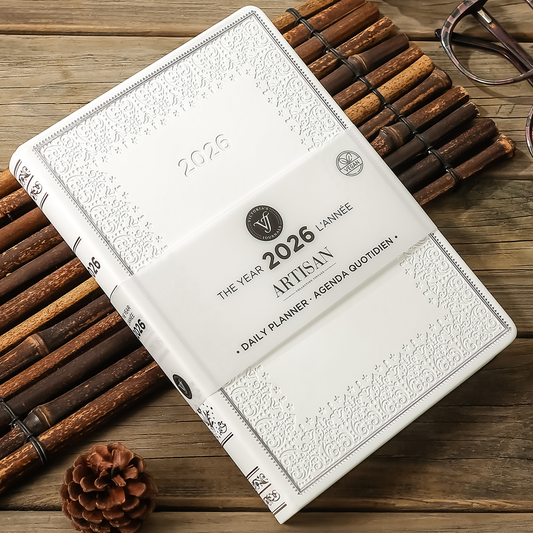 2026 Artisan Daily Planner — White Vegan Leather Vintage Style (5.7" × 8.1", Bilingual, One-Day-Per-Page)