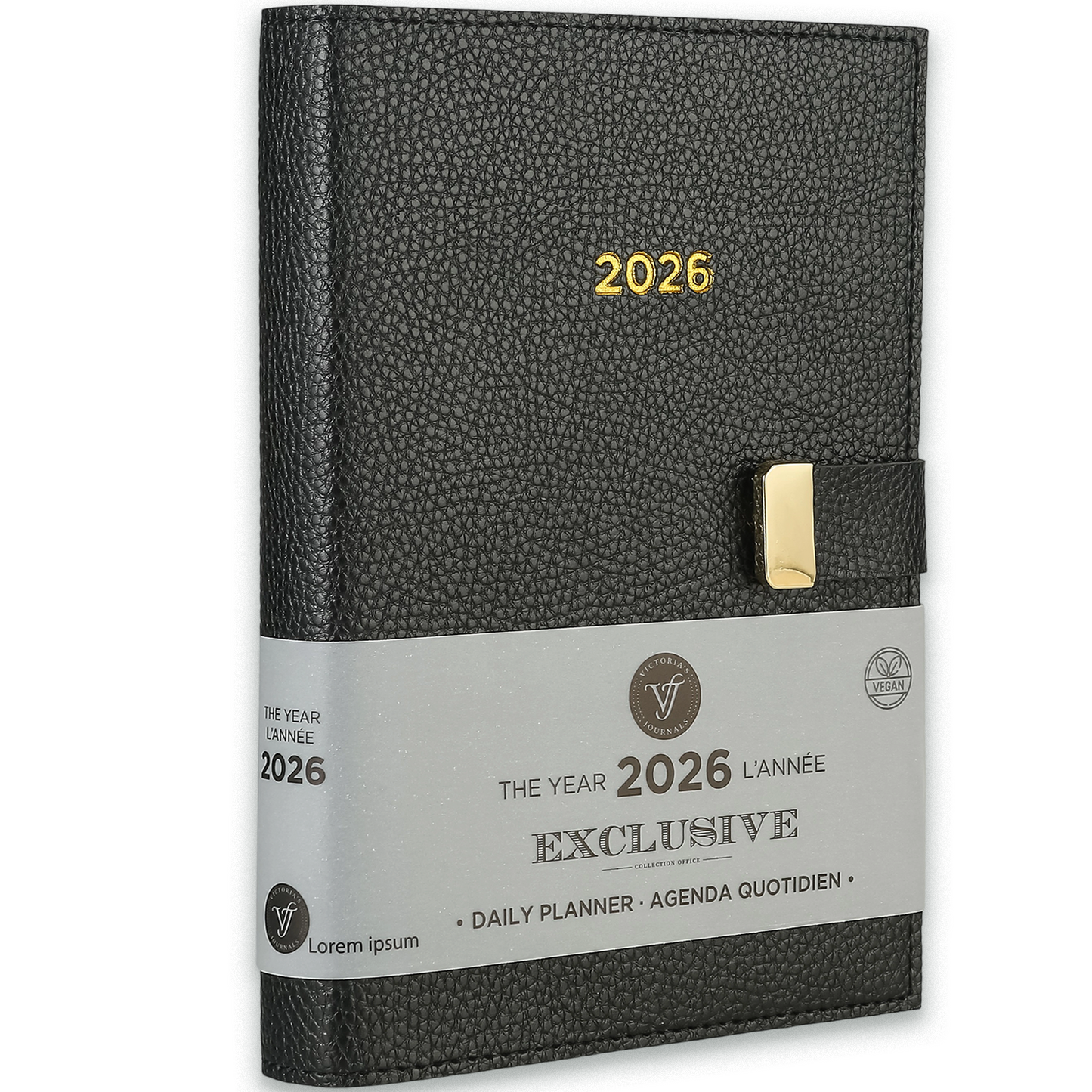 2026 Black Exclusive Daily Planner — Vegan Leather with Gold Clasp (5.7" × 8.1", Bilingual, One-Day-Per-Page)