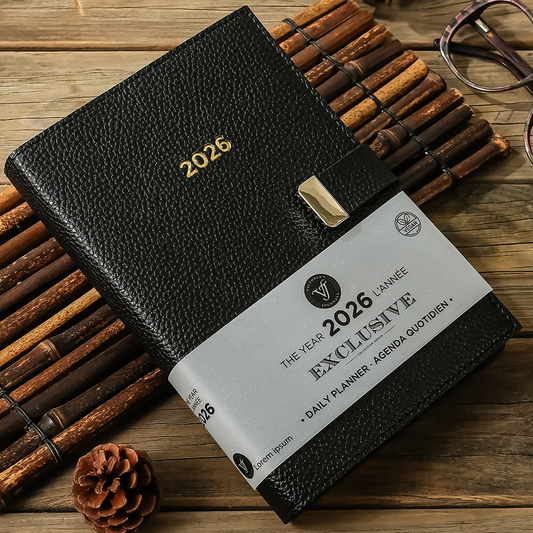2026 Black Exclusive Daily Planner — Vegan Leather with Gold Clasp (5.7" × 8.1", Bilingual, One-Day-Per-Page)