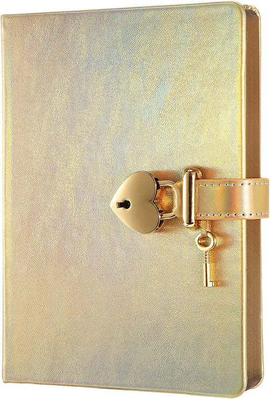 Heart Lock Diary for Girls with 2 Keys Vegan Cover (Iridescent Gold)